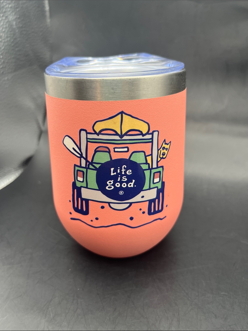 Life Is Good wine Coral Tumbler with Beach Jeep Graphic kayaking dog FUN